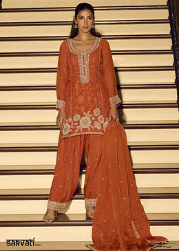 Tiger Orange Chinon Silk Sharara Suit with Exquisite Embroidery