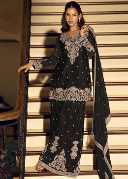 Pebble Black Chinon Silk Sharara Suit with Exquisite Embroidery