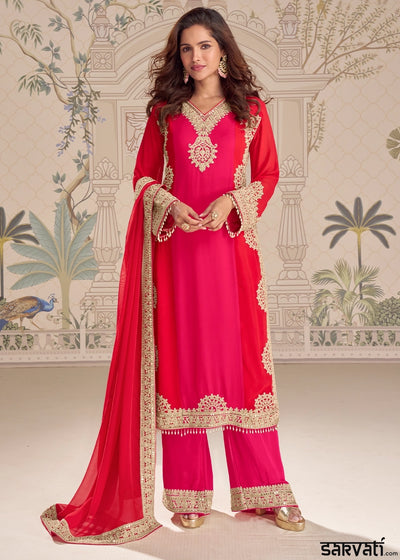 Pink and Red Dual Tone Georgette Palazzo Suit with Rich Embroidered Detailing