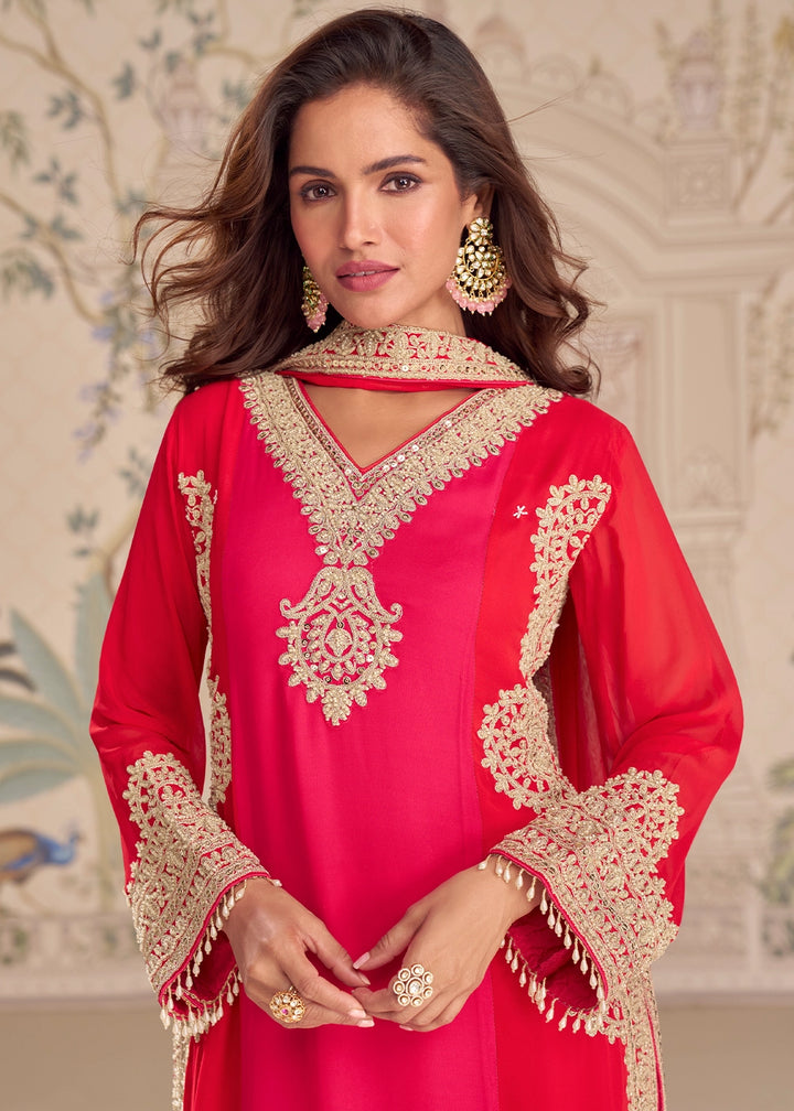 Pink and Red Dual Tone Georgette Palazzo Suit with Rich Embroidered Detailing