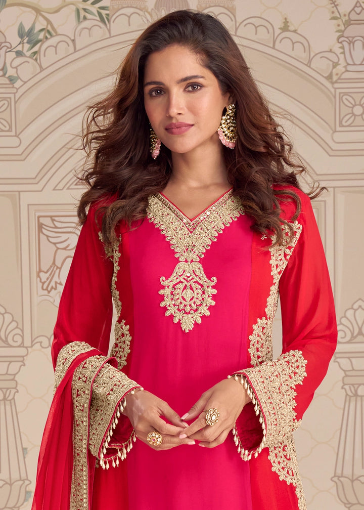 Pink and Red Dual Tone Georgette Palazzo Suit with Rich Embroidered Detailing