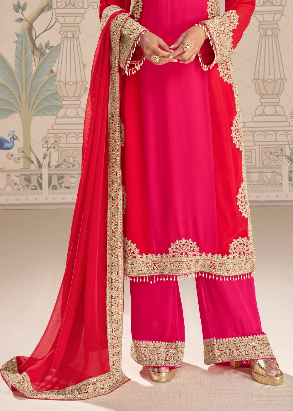 Pink and Red Dual Tone Georgette Palazzo Suit with Rich Embroidered Detailing
