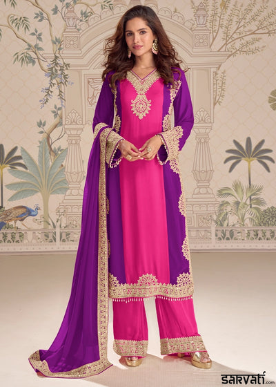 Pink and Purple Dual Tone Georgette Palazzo Suit with Rich Embroidered Detailing