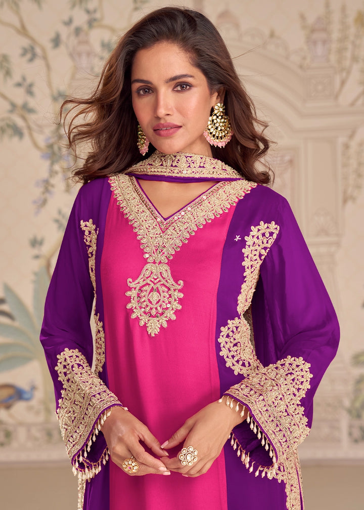 Pink and Purple Dual Tone Georgette Palazzo Suit with Rich Embroidered Detailing