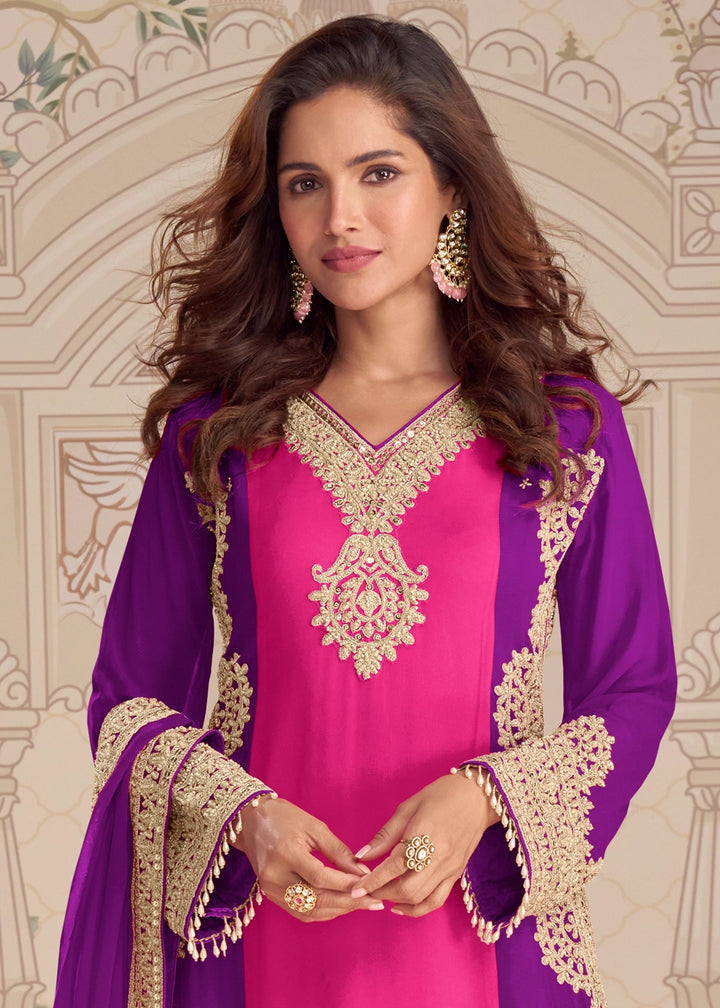 Pink and Purple Dual Tone Georgette Palazzo Suit with Rich Embroidered Detailing