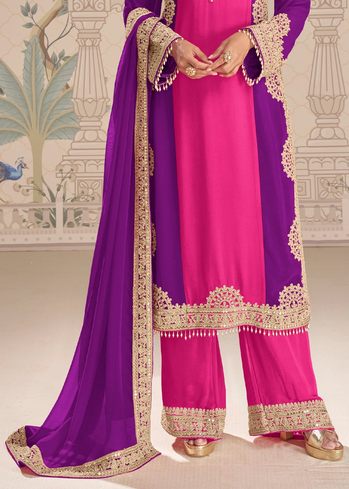 Pink and Purple Dual Tone Georgette Palazzo Suit with Rich Embroidered Detailing