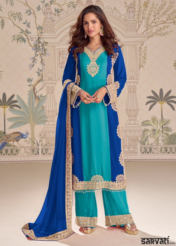 Shades Of Blue Georgette Palazzo Suit with Rich Embroidered Detailing