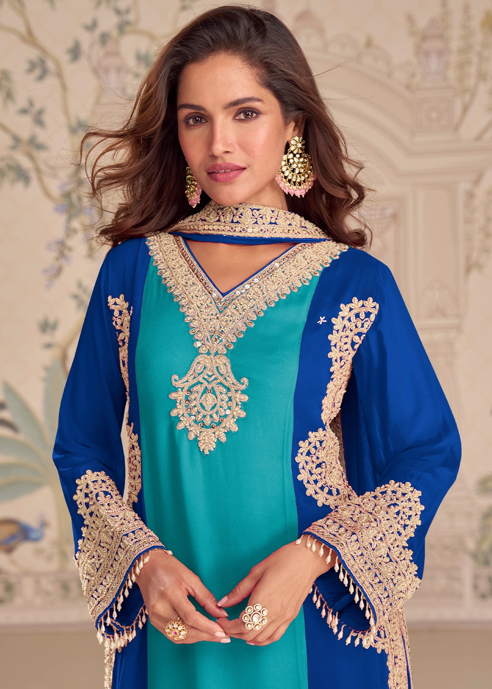 Shades Of Blue Georgette Palazzo Suit with Rich Embroidered Detailing
