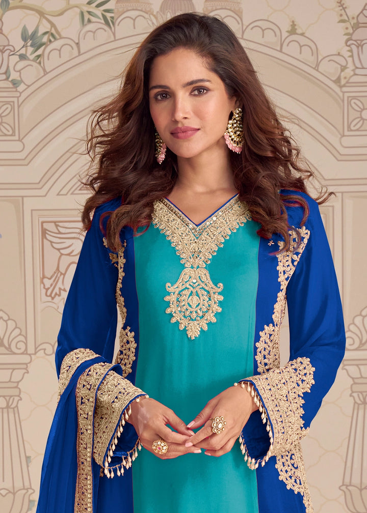 Shades Of Blue Georgette Palazzo Suit with Rich Embroidered Detailing