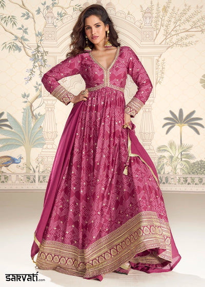 Amaranth Purple Chinon Silk Anarkali Gown with Bandhani Print and Embroidery
