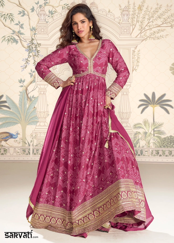 Amaranth Purple Chinon Silk Anarkali Gown with Bandhani Print and Embroidery