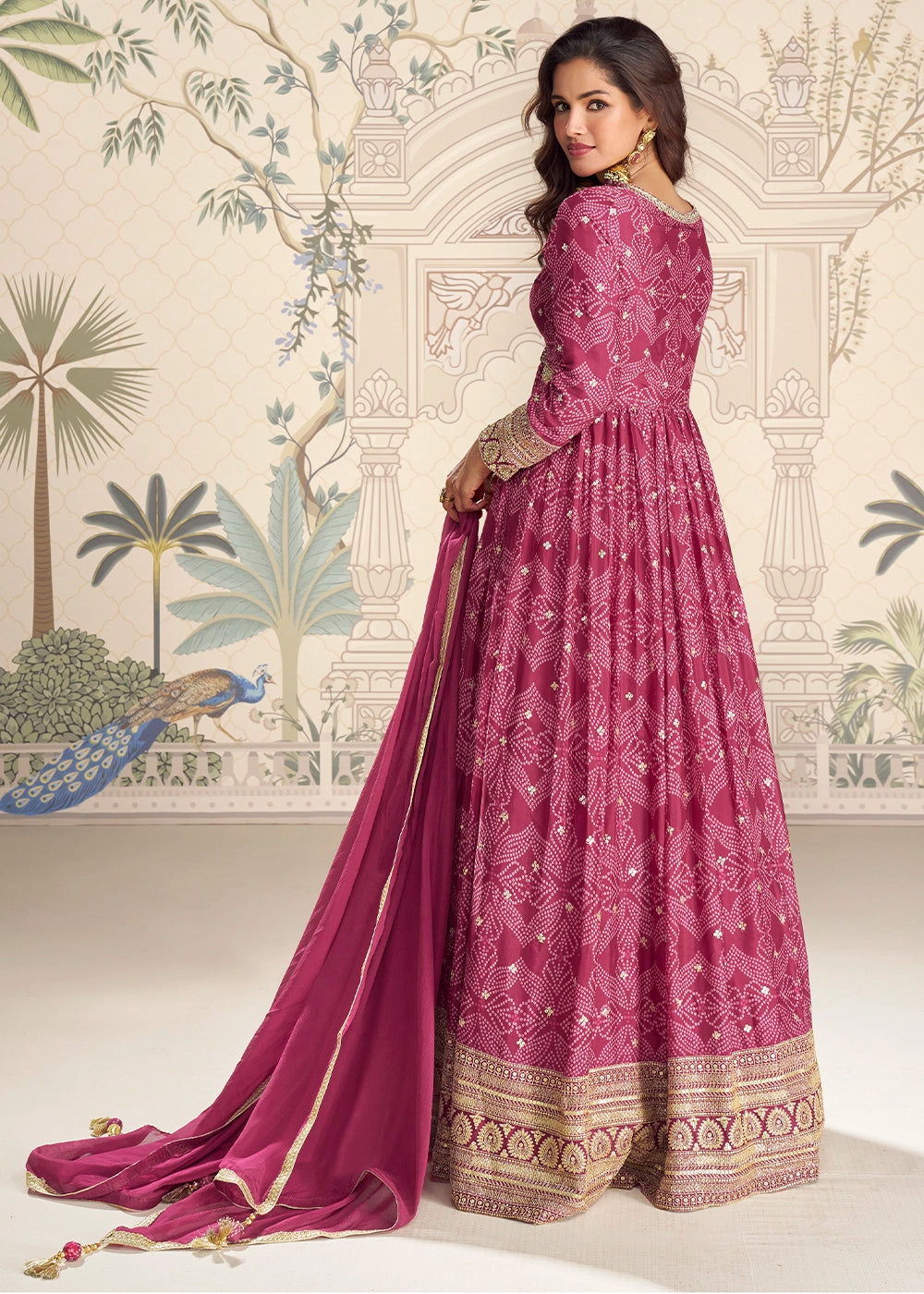Amaranth Purple Chinon Silk Anarkali Gown with Bandhani Print and Embroidery