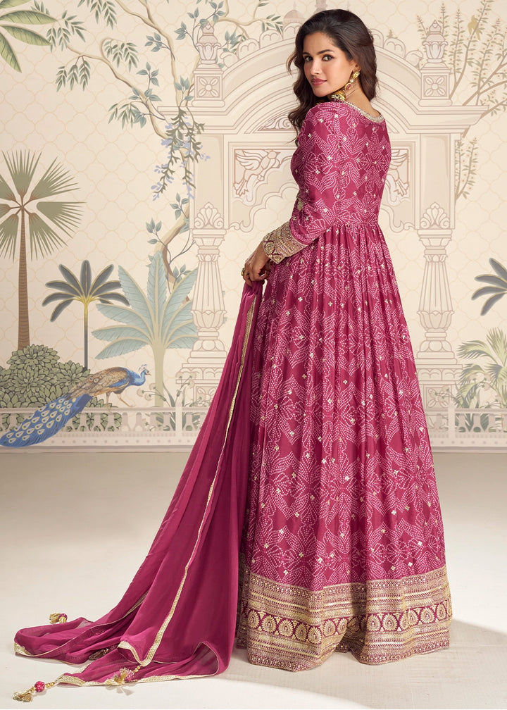 Amaranth Purple Chinon Silk Anarkali Gown with Bandhani Print and Embroidery