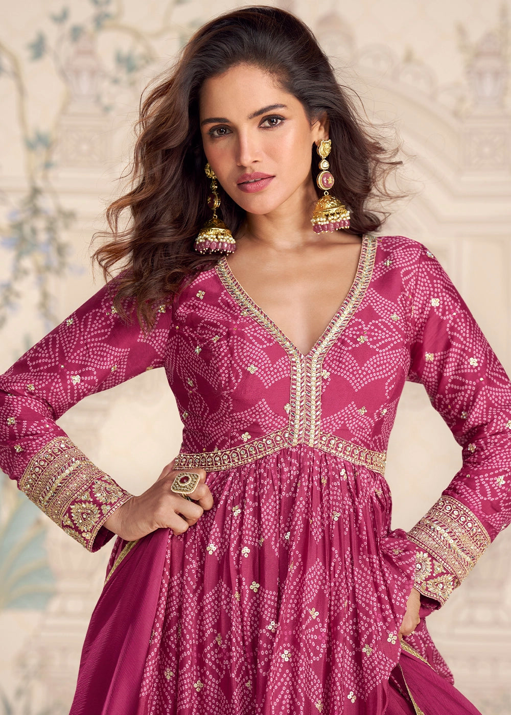 Amaranth Purple Chinon Silk Anarkali Gown with Bandhani Print and Embroidery