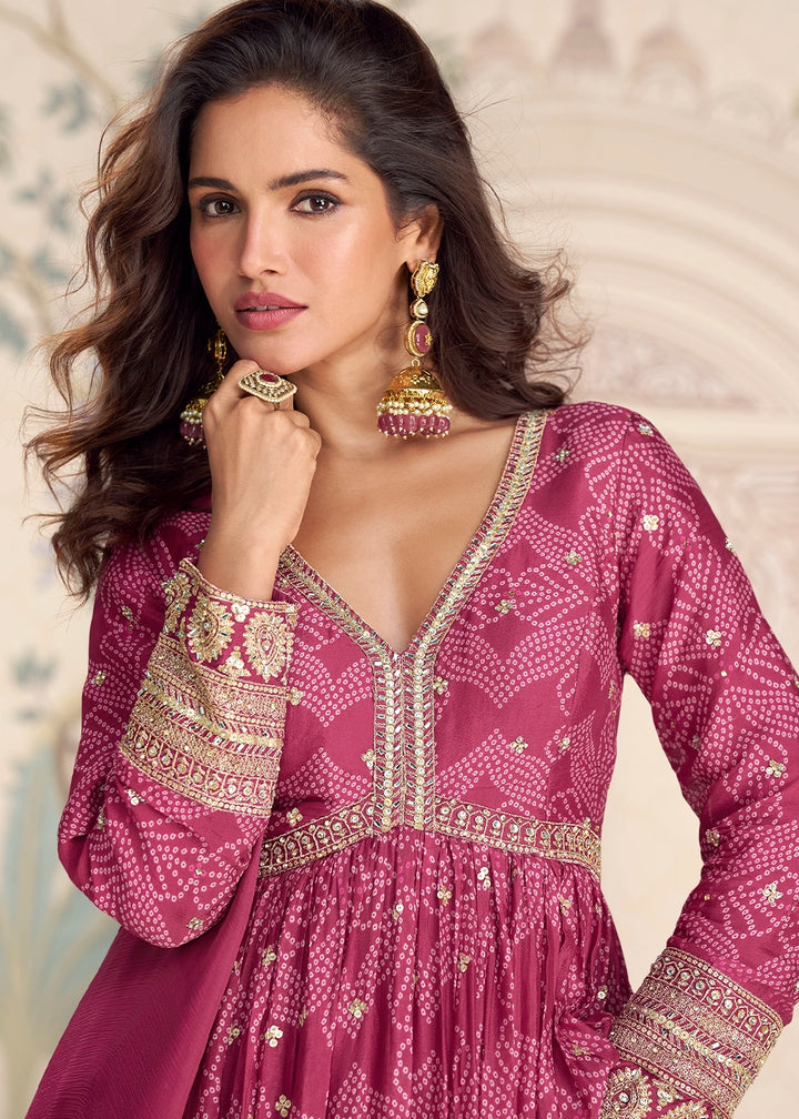 Amaranth Purple Chinon Silk Anarkali Gown with Bandhani Print and Embroidery