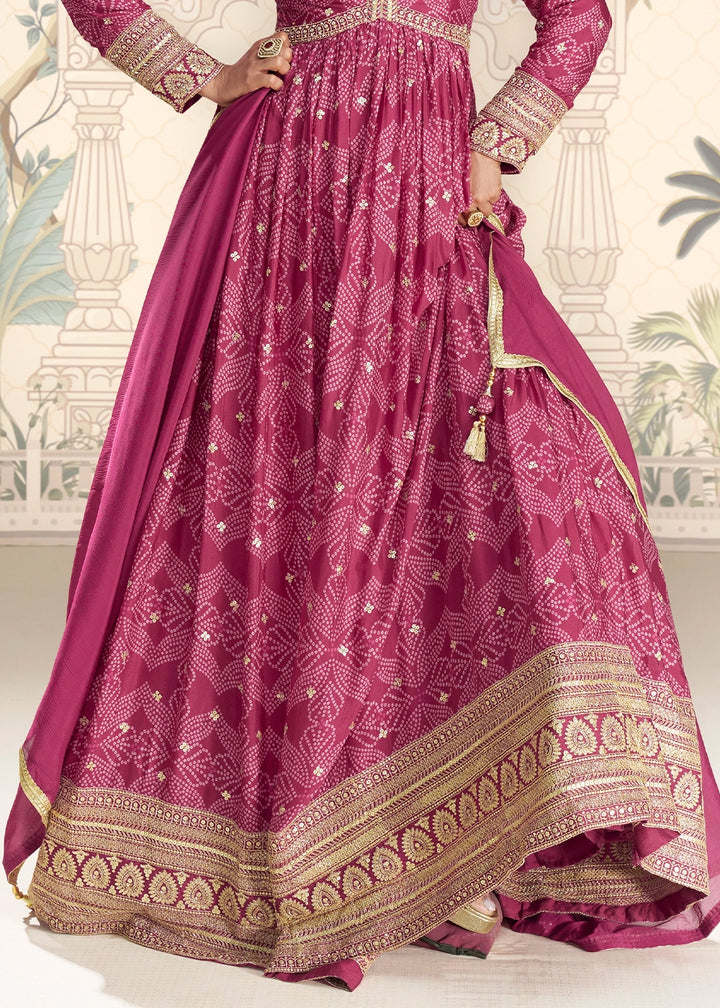 Amaranth Purple Chinon Silk Anarkali Gown with Bandhani Print and Embroidery