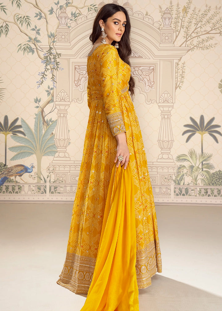 Saffron Yellow Chinon Silk Anarkali Gown with Bandhani Print and Embroidery