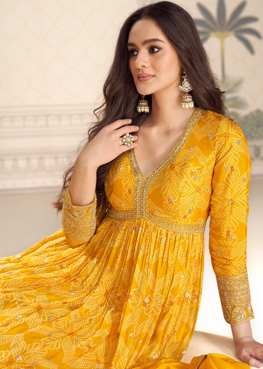 Saffron Yellow Chinon Silk Anarkali Gown with Bandhani Print and Embroidery