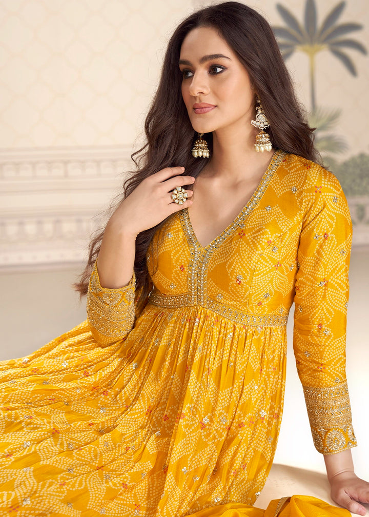 Saffron Yellow Chinon Silk Anarkali Gown with Bandhani Print and Embroidery
