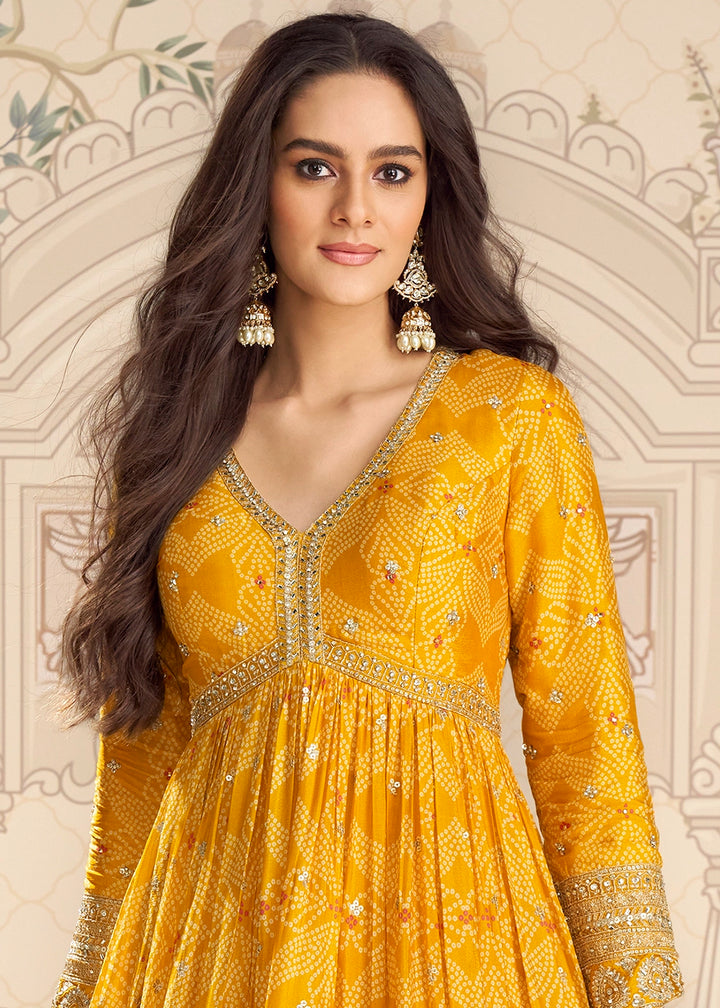 Saffron Yellow Chinon Silk Anarkali Gown with Bandhani Print and Embroidery