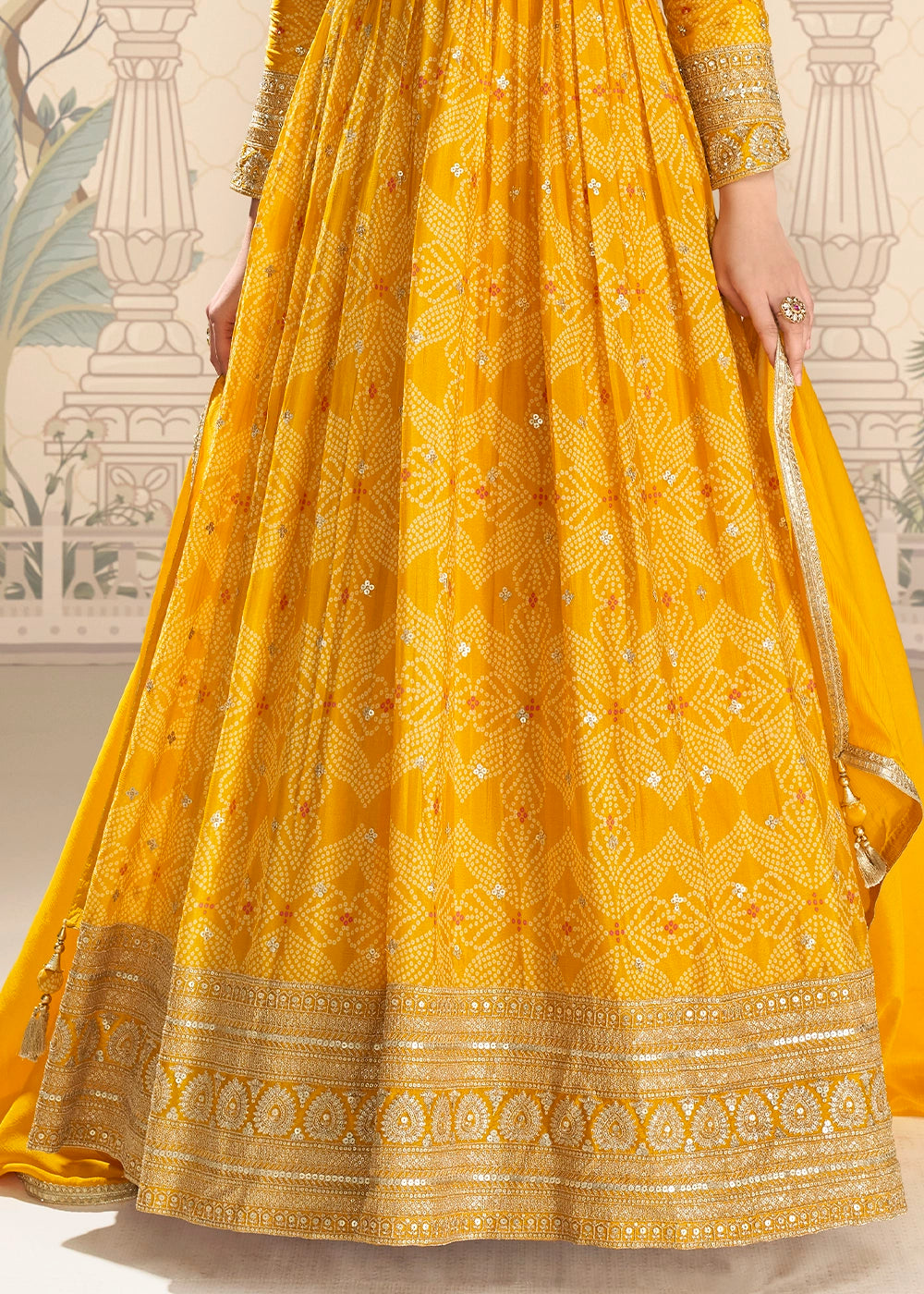 Saffron Yellow Chinon Silk Anarkali Gown with Bandhani Print and Embroidery