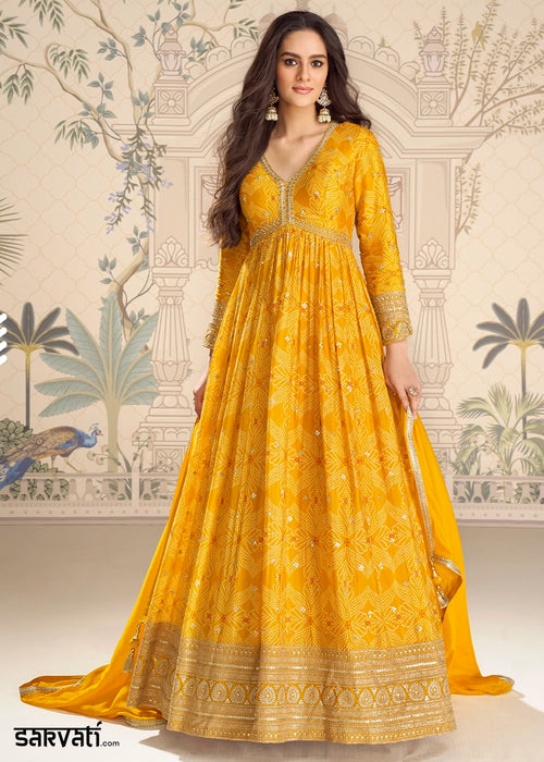Saffron Yellow Chinon Silk Anarkali Gown with Bandhani Print and Embroidery