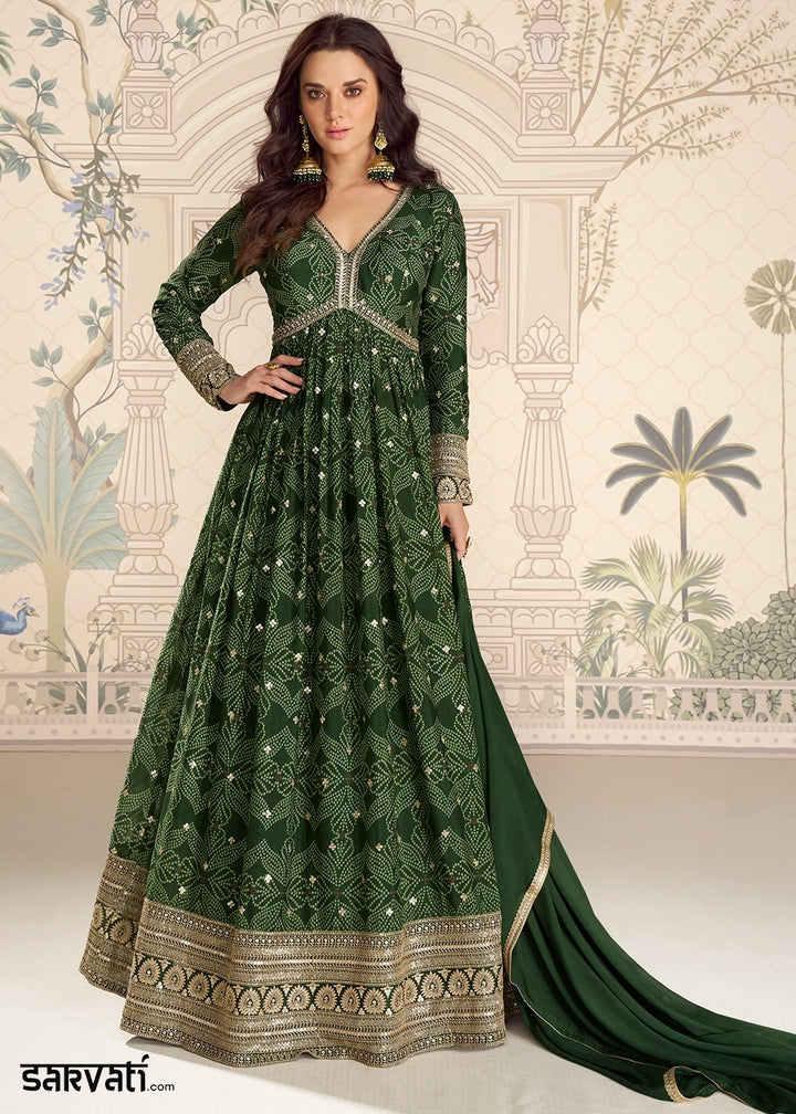 Sacramento Green Chinon Silk Anarkali Gown with Bandhani Print and Embroidery