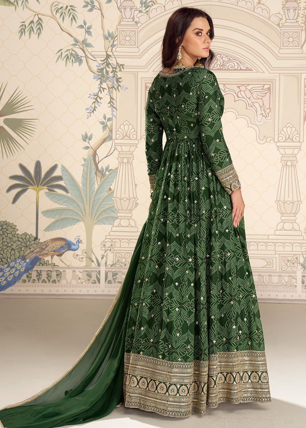 Sacramento Green Chinon Silk Anarkali Gown with Bandhani Print and Embroidery