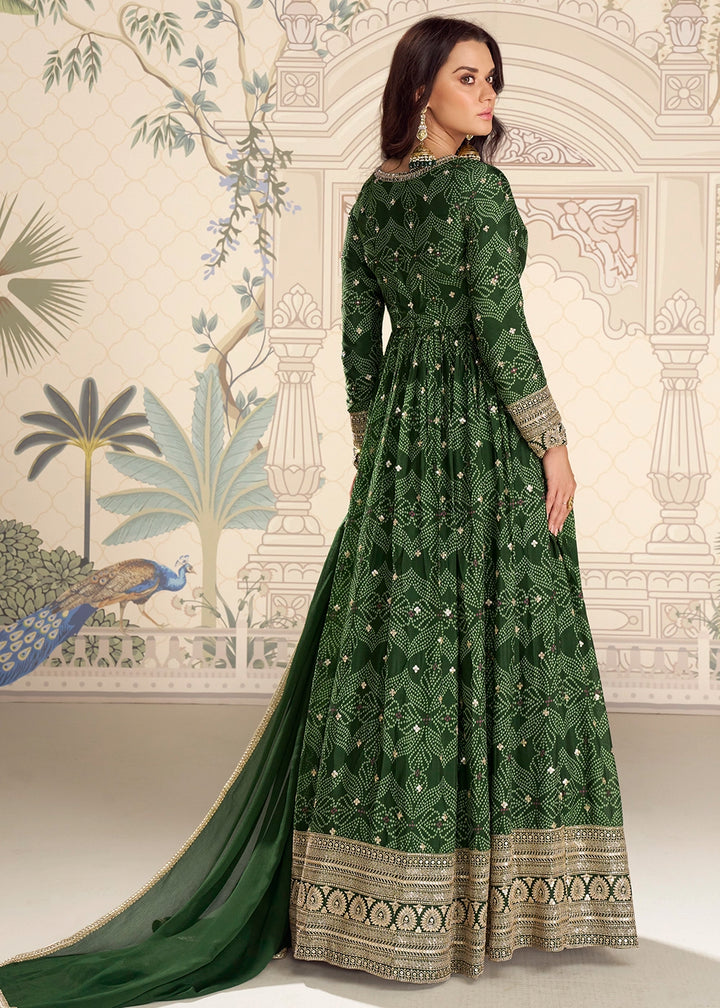Sacramento Green Chinon Silk Anarkali Gown with Bandhani Print and Embroidery