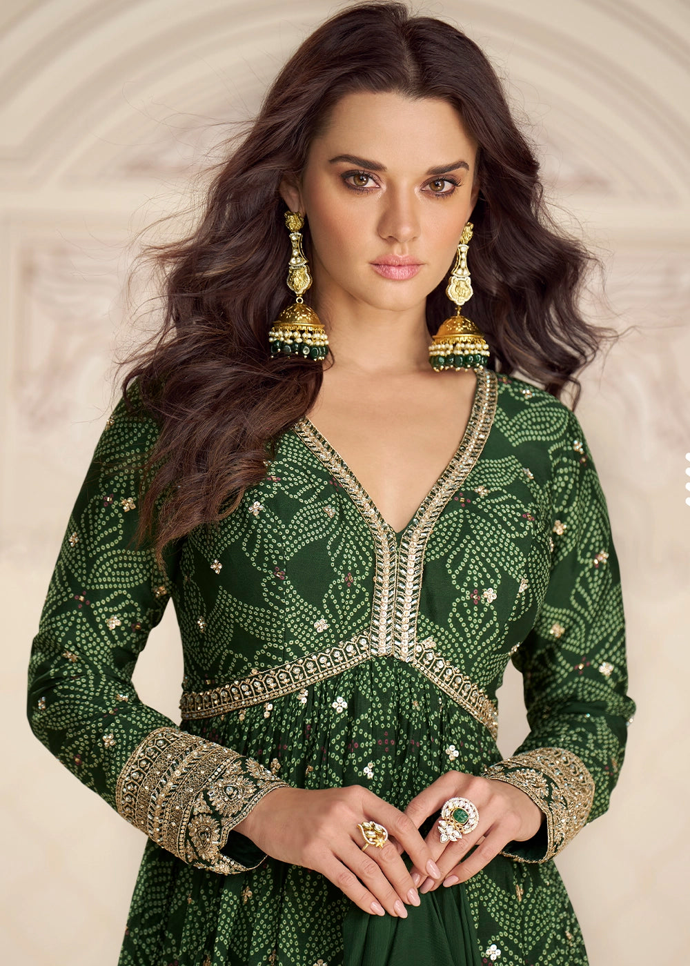 Sacramento Green Chinon Silk Anarkali Gown with Bandhani Print and Embroidery