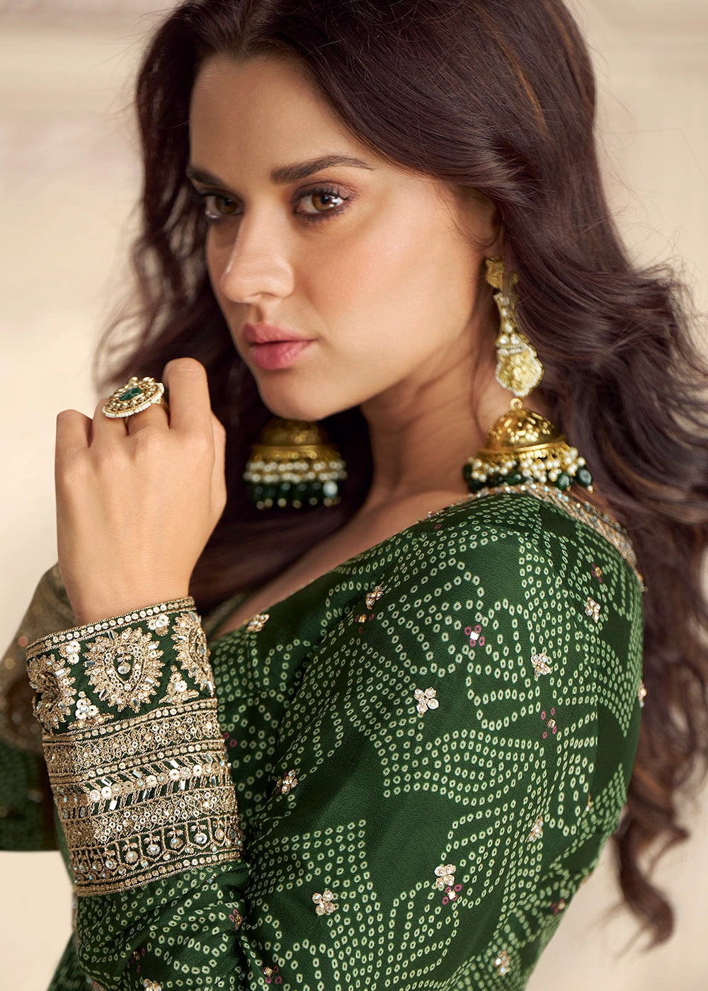 Sacramento Green Chinon Silk Anarkali Gown with Bandhani Print and Embroidery