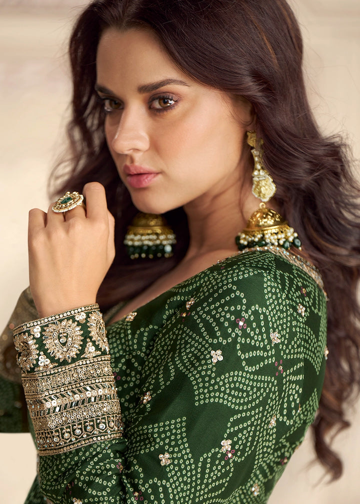 Sacramento Green Chinon Silk Anarkali Gown with Bandhani Print and Embroidery