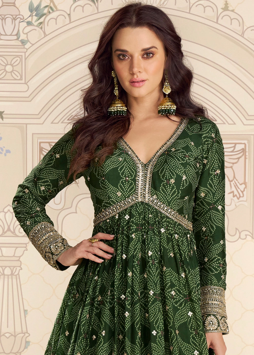 Sacramento Green Chinon Silk Anarkali Gown with Bandhani Print and Embroidery