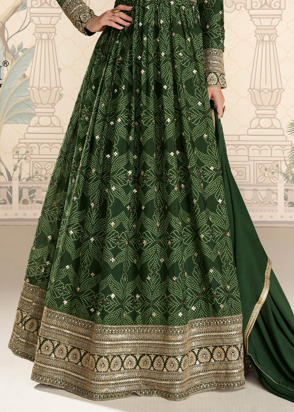 Sacramento Green Chinon Silk Anarkali Gown with Bandhani Print and Embroidery