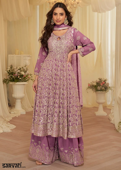 Orchid Purple Georgette Palazzo Suit with Luxe Zarkan Embellishment