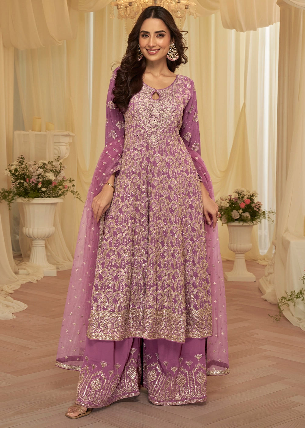 Orchid Purple Georgette Palazzo Suit with Luxe Zarkan Embellishment