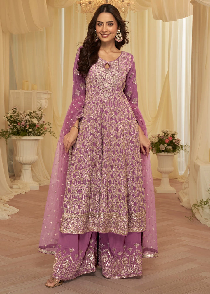 Orchid Purple Georgette Palazzo Suit with Luxe Zarkan Embellishment