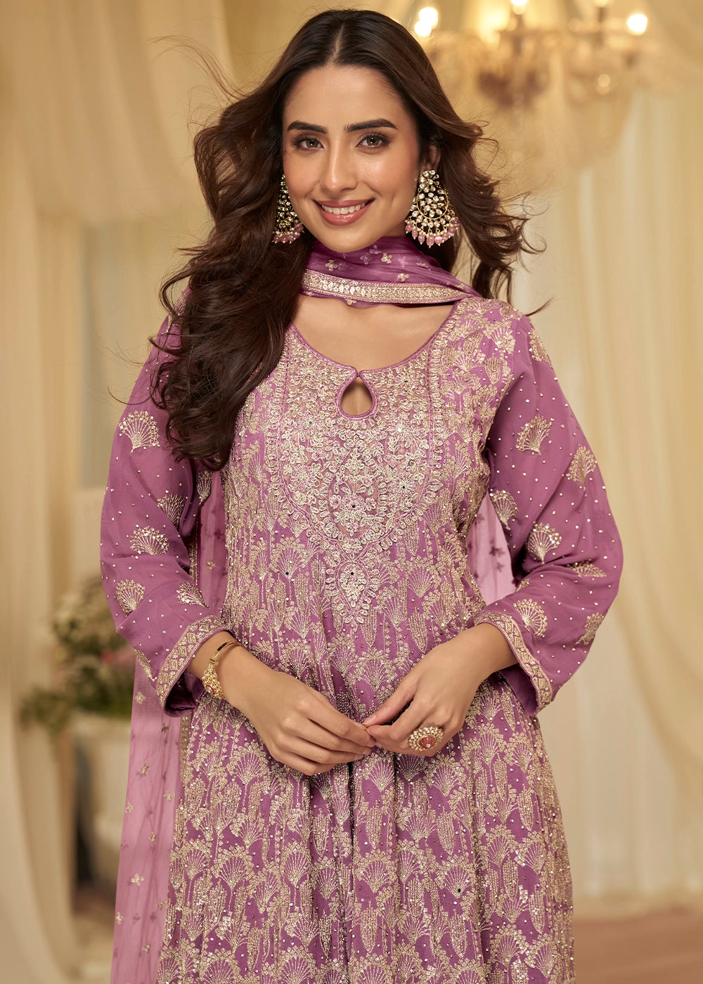 Orchid Purple Georgette Palazzo Suit with Luxe Zarkan Embellishment