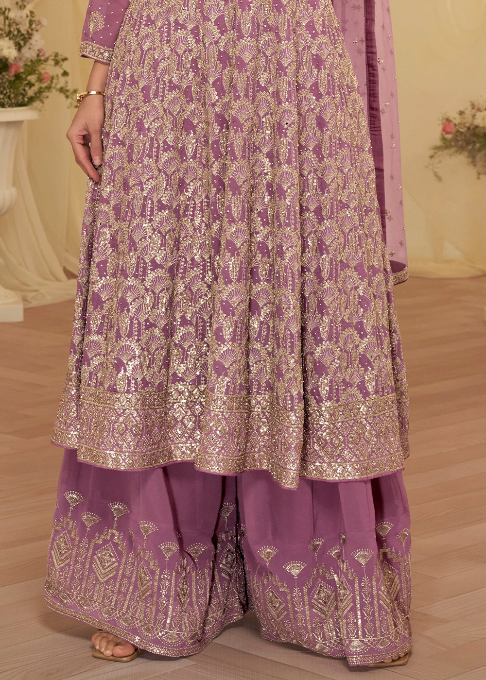 Orchid Purple Georgette Palazzo Suit with Luxe Zarkan Embellishment