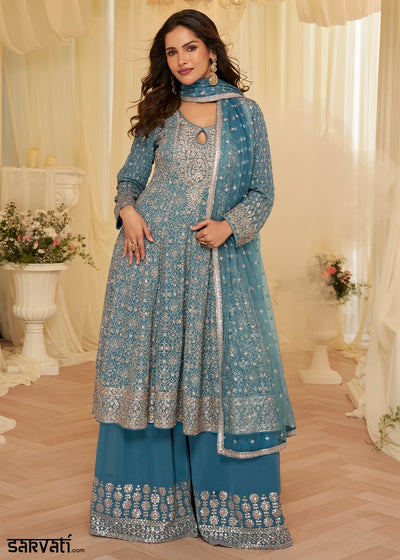 Maximum Blue Georgette Palazzo Suit with Luxe Zarkan Embellishment