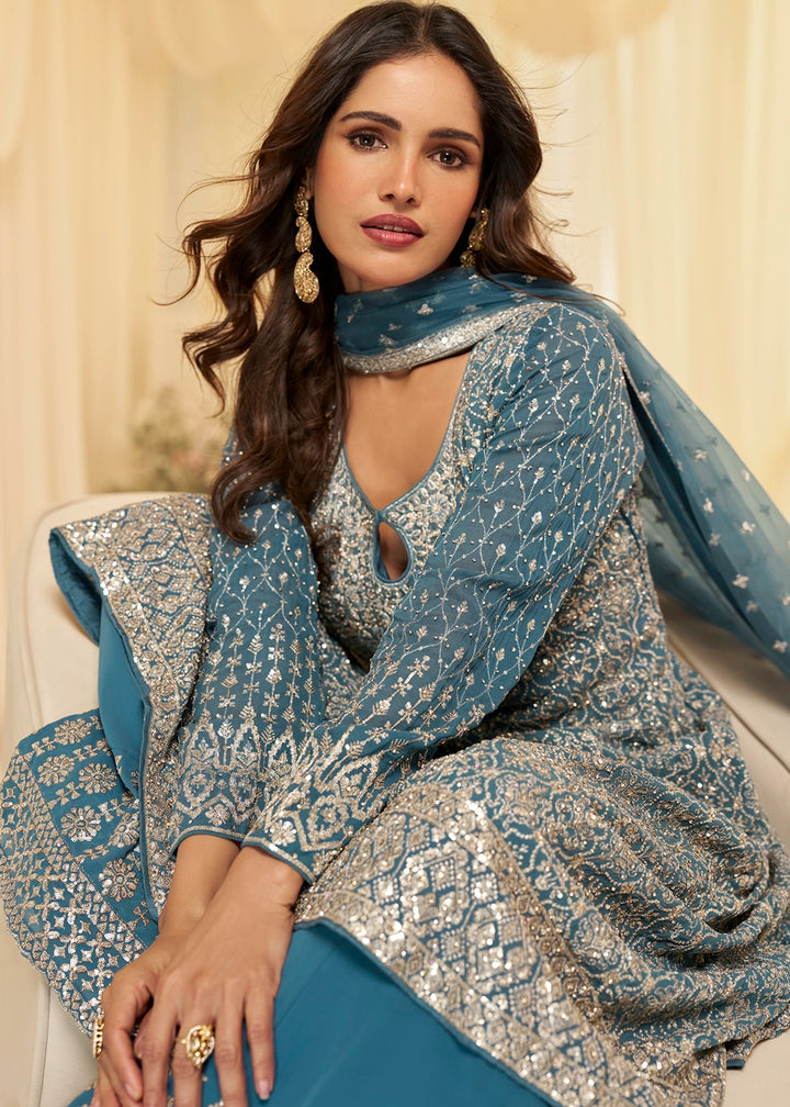 Maximum Blue Georgette Palazzo Suit with Luxe Zarkan Embellishment