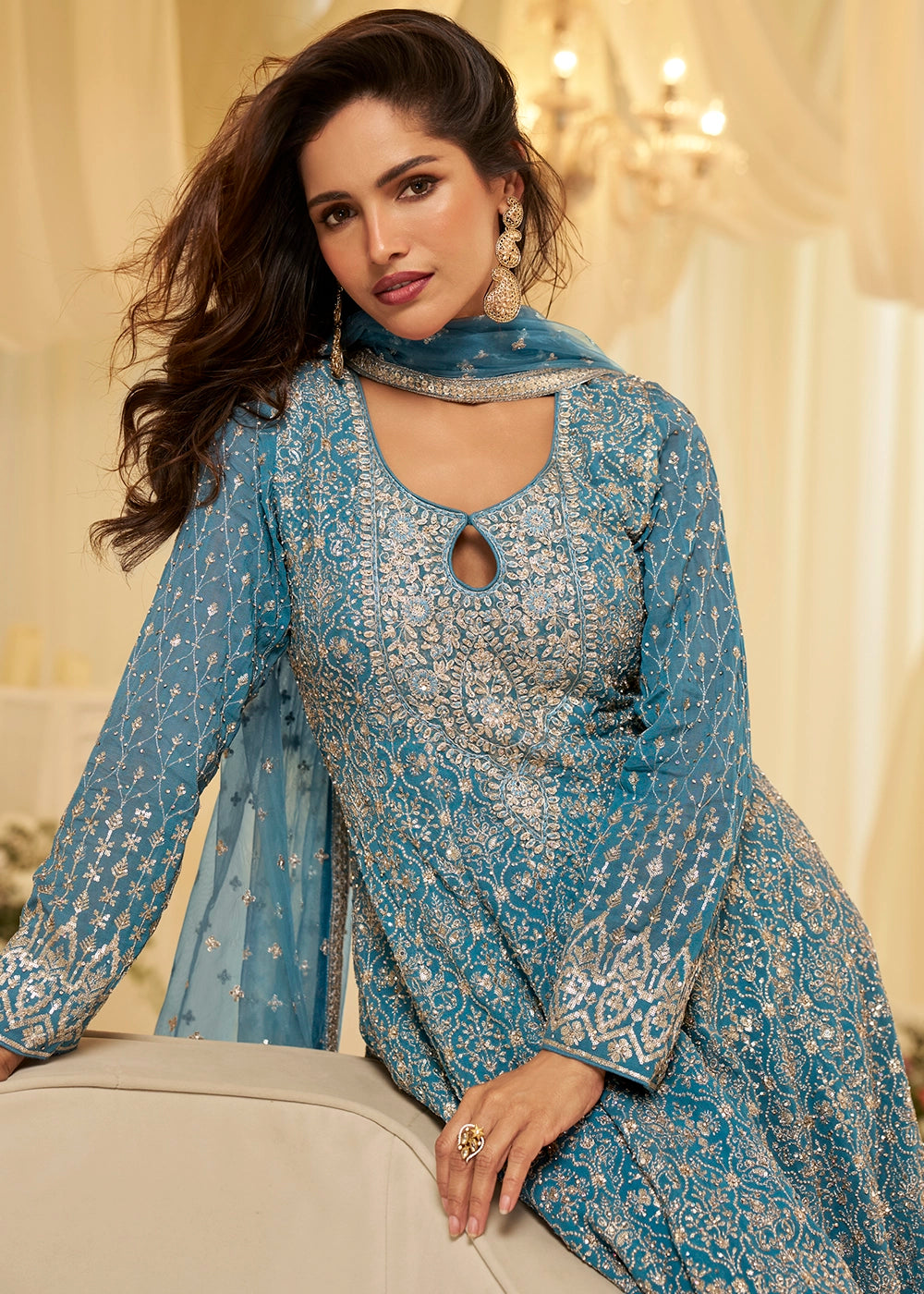 Maximum Blue Georgette Palazzo Suit with Luxe Zarkan Embellishment