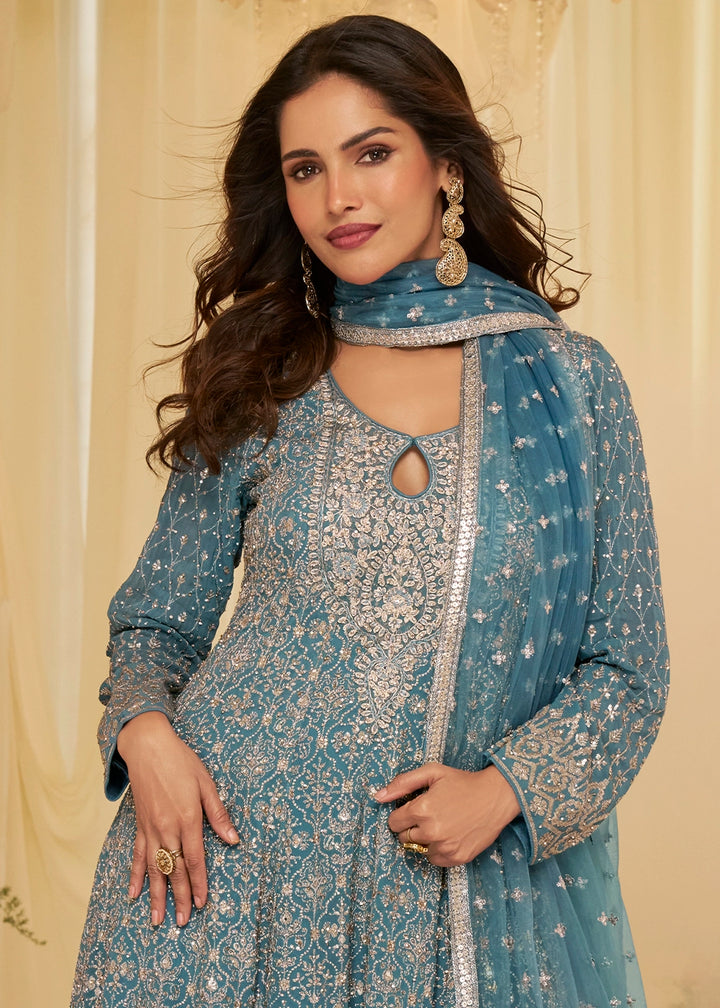 Maximum Blue Georgette Palazzo Suit with Luxe Zarkan Embellishment