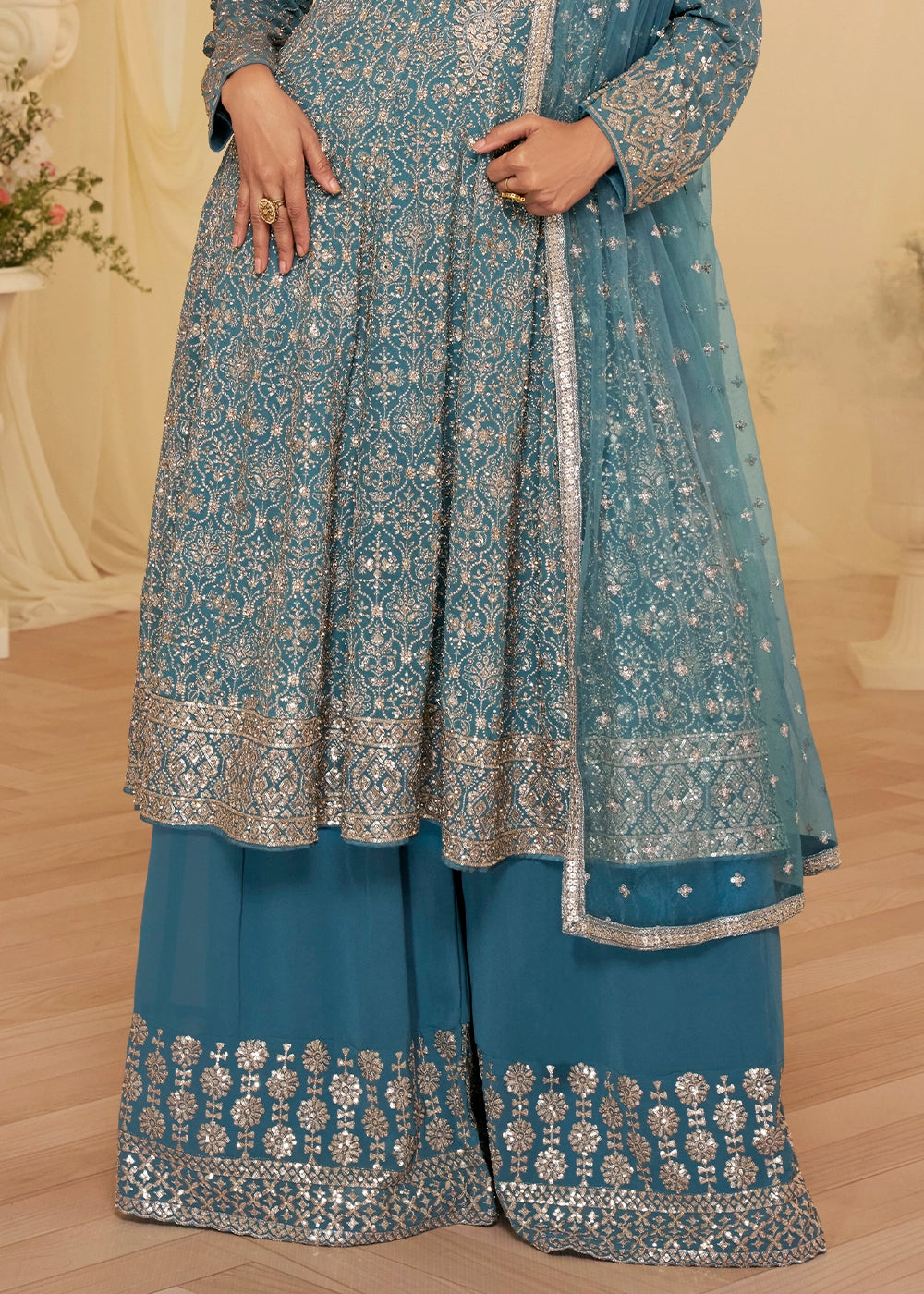 Maximum Blue Georgette Palazzo Suit with Luxe Zarkan Embellishment