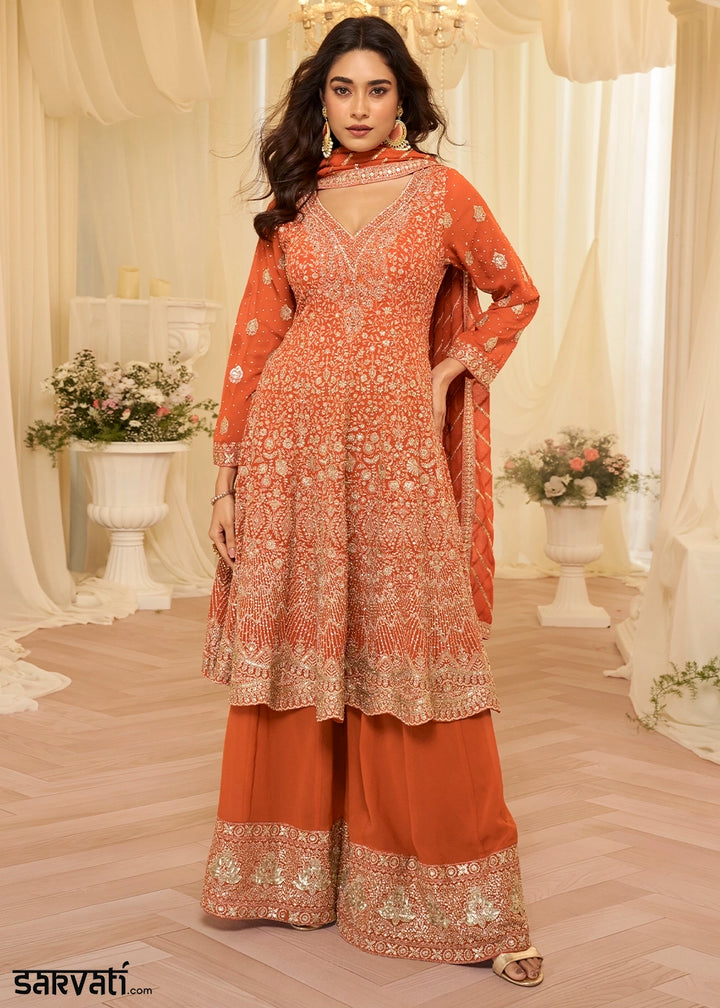 Tangerine Orange Georgette Palazzo Suit with Luxe Zarkan Embellishment