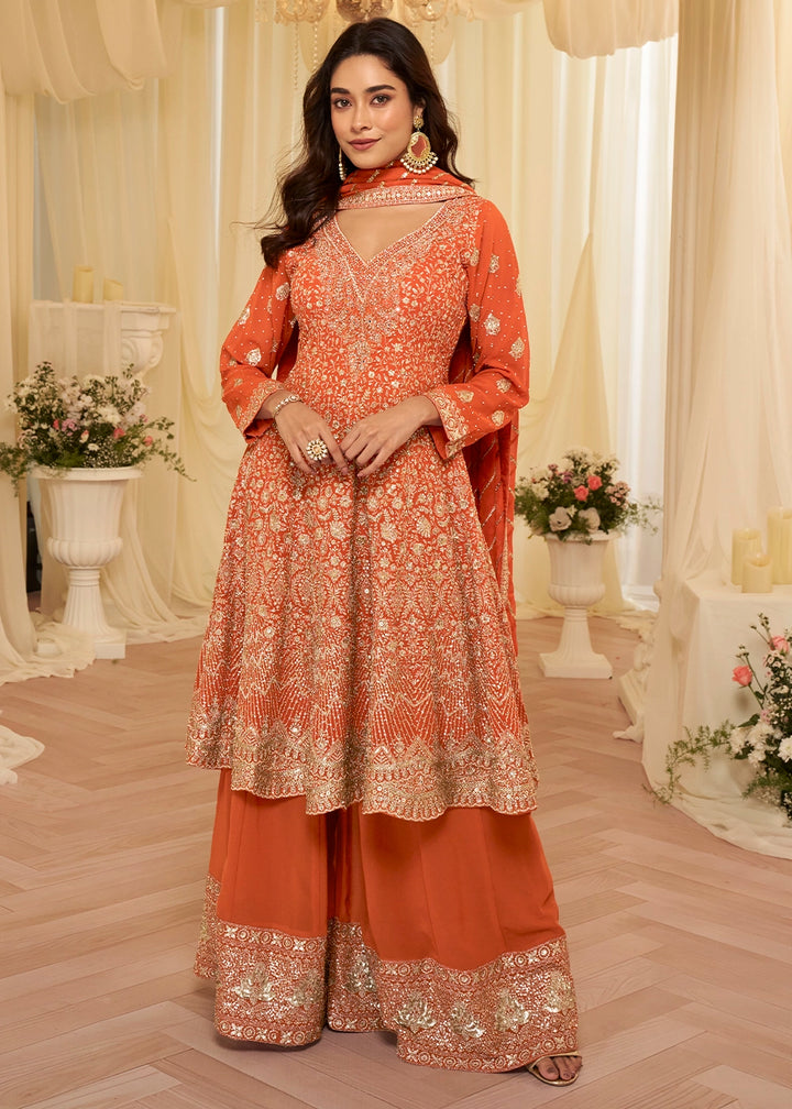 Tangerine Orange Georgette Palazzo Suit with Luxe Zarkan Embellishment