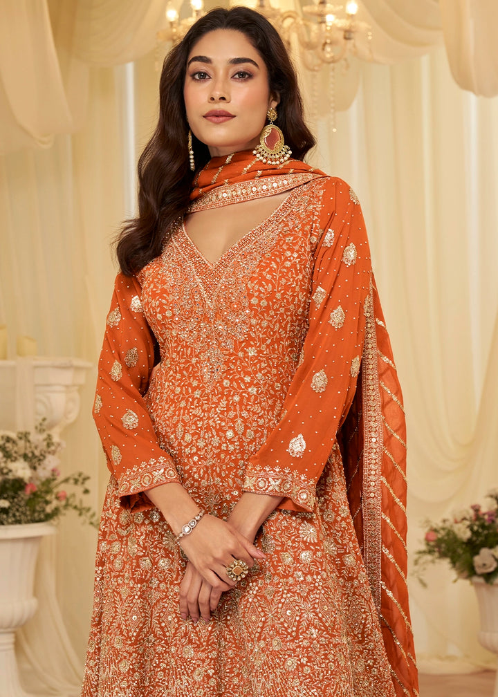 Tangerine Orange Georgette Palazzo Suit with Luxe Zarkan Embellishment