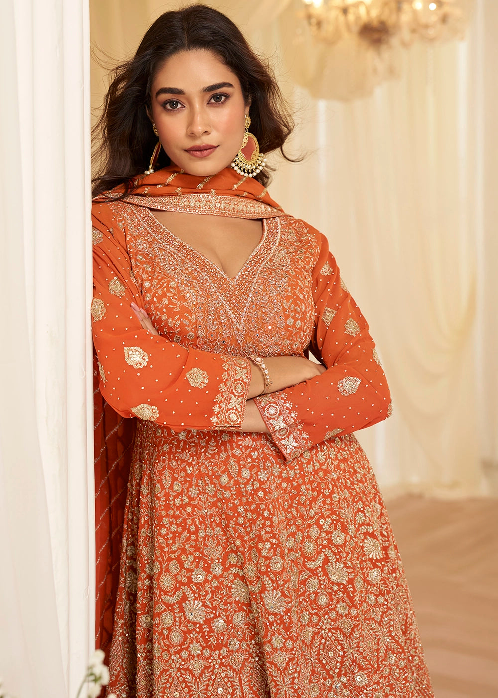 Tangerine Orange Georgette Palazzo Suit with Luxe Zarkan Embellishment
