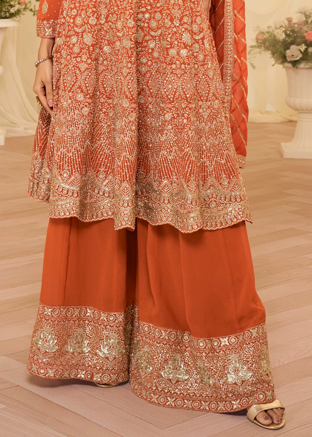 Tangerine Orange Georgette Palazzo Suit with Luxe Zarkan Embellishment