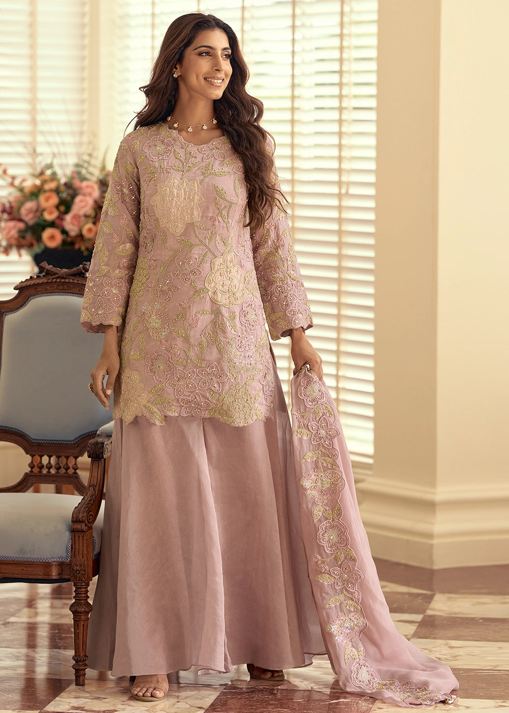 Blush Pink Simar Silk Palazzo Suit with Elegant Beadwork